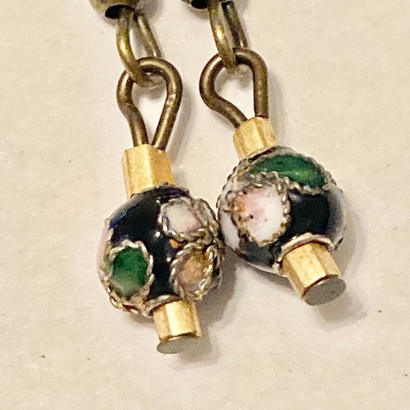Vintage Cloisonne Bead Earrings Round Black Gold Tone Bronze Plated Dainty - Picture 10 of 13